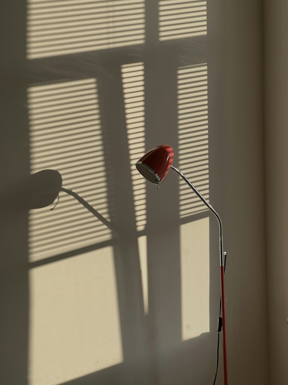 a floor lamp casts a shadow on the wall