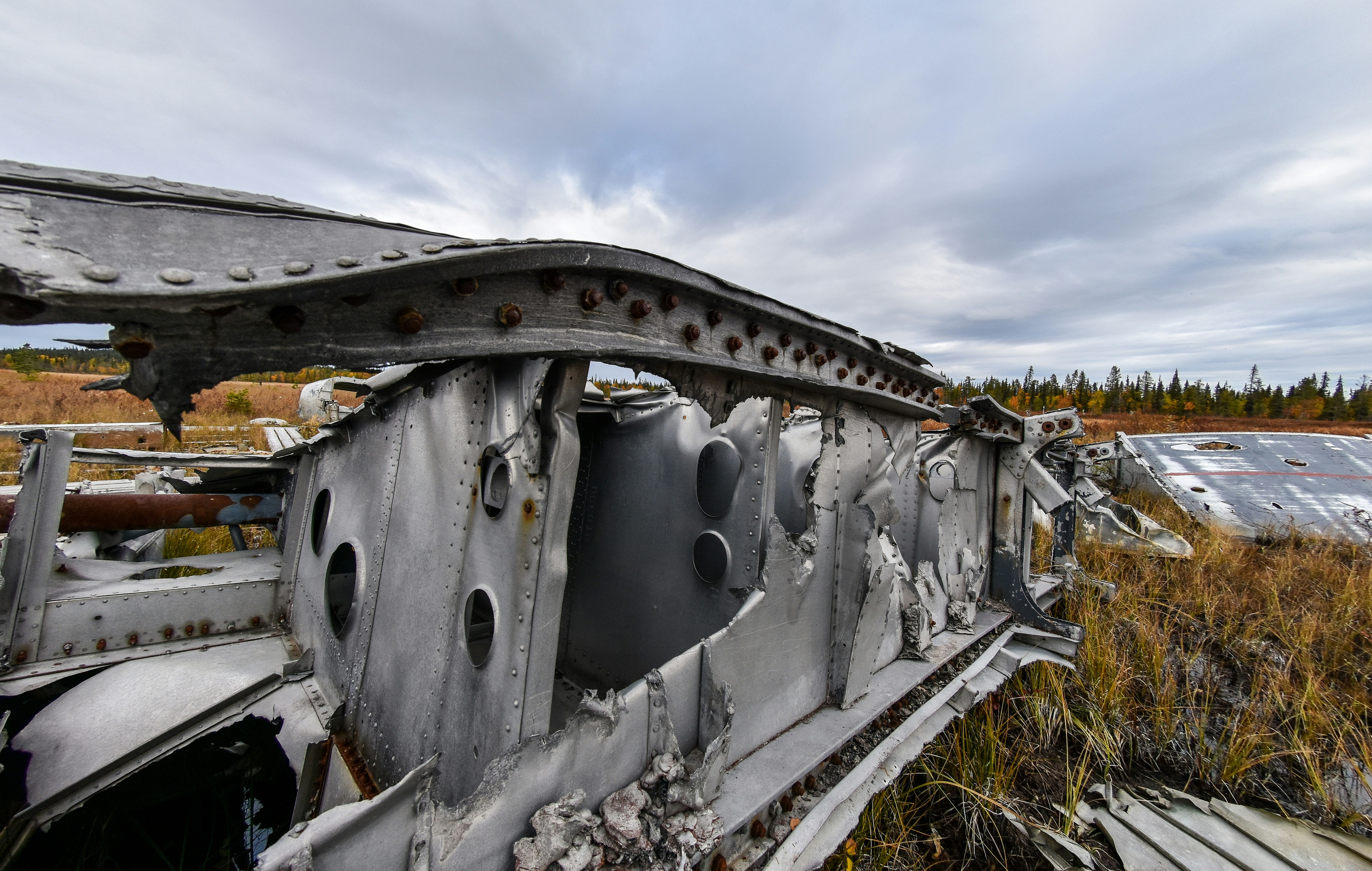 a rusted out train car sitting on top of a grass covered field