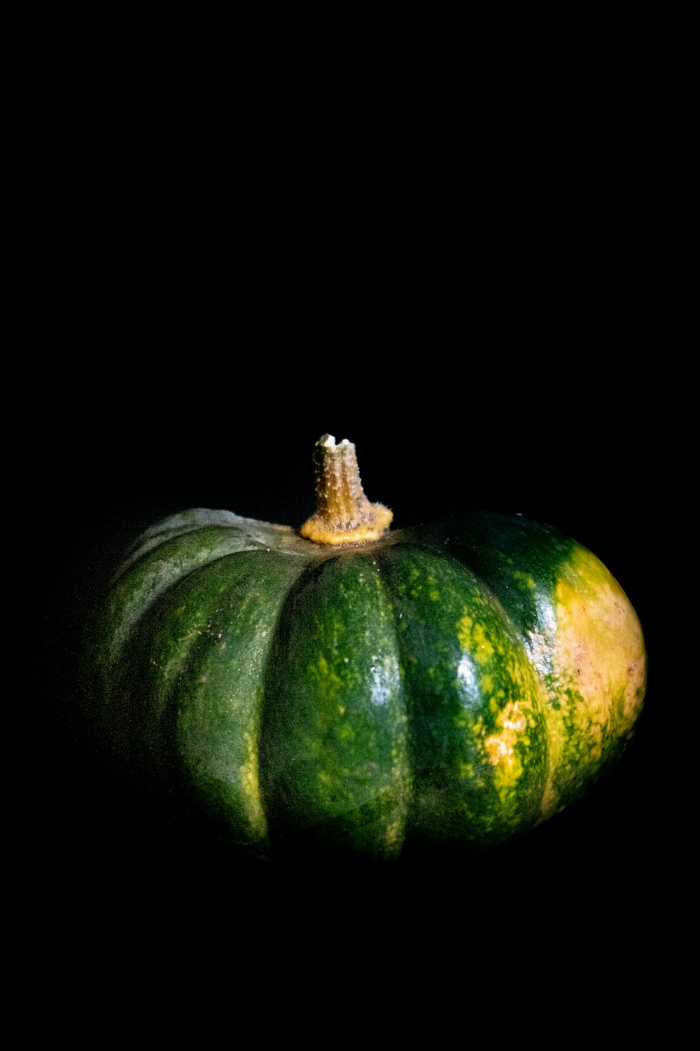 a close up of a green pumpkin on a black background
