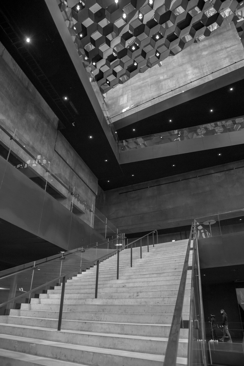 a black and white photo of some stairs