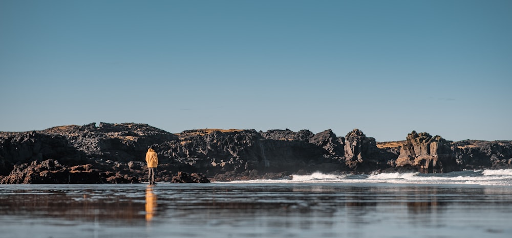 una persona in piedi su una spiaggia vicino a uno specchio d'acqua