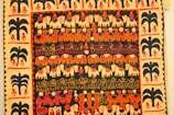 A vibrant textile featuring rows of stylized animal and human figures in a colorful tapestry. The motifs include elephants, camels, and human figures, highlighted by decorative patterns such as flowers and geometric shapes. The border contains repetitive tree and human motifs, enhancing the overall aesthetic.