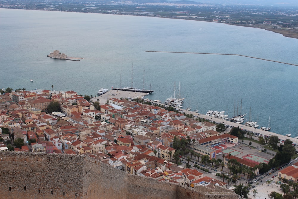 an aerial view of a city next to a body of water