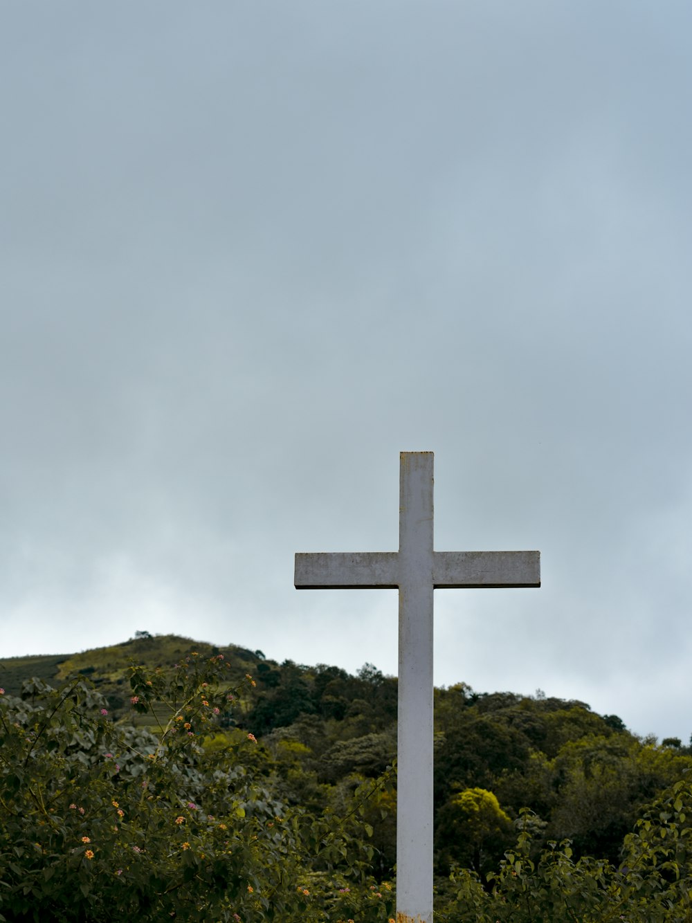a large white cross sitting on top of a lush green hillside