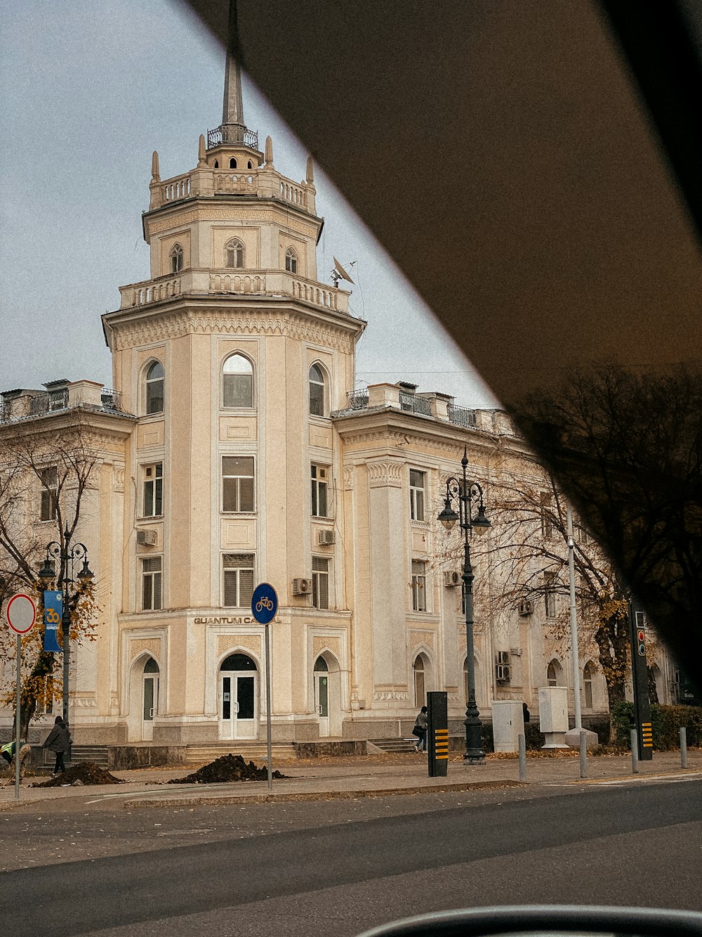 a large white building with a tower on top of it