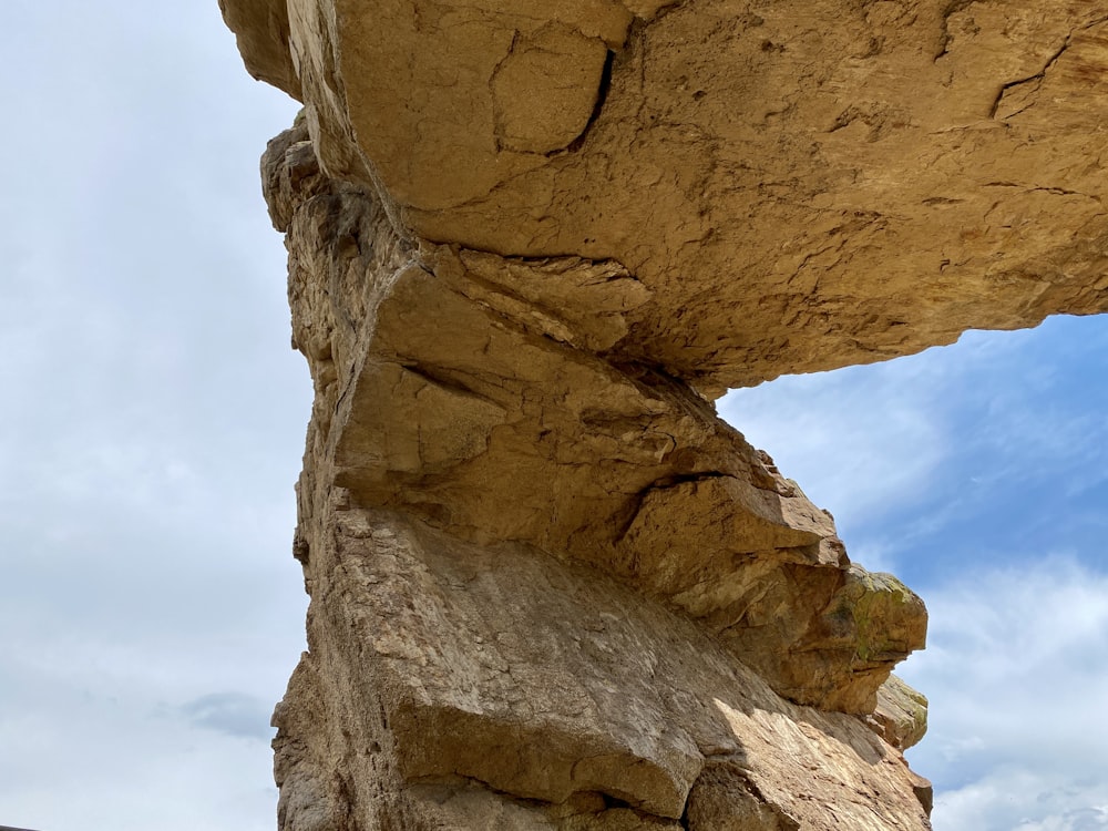 a rock formation with a blue sky in the background