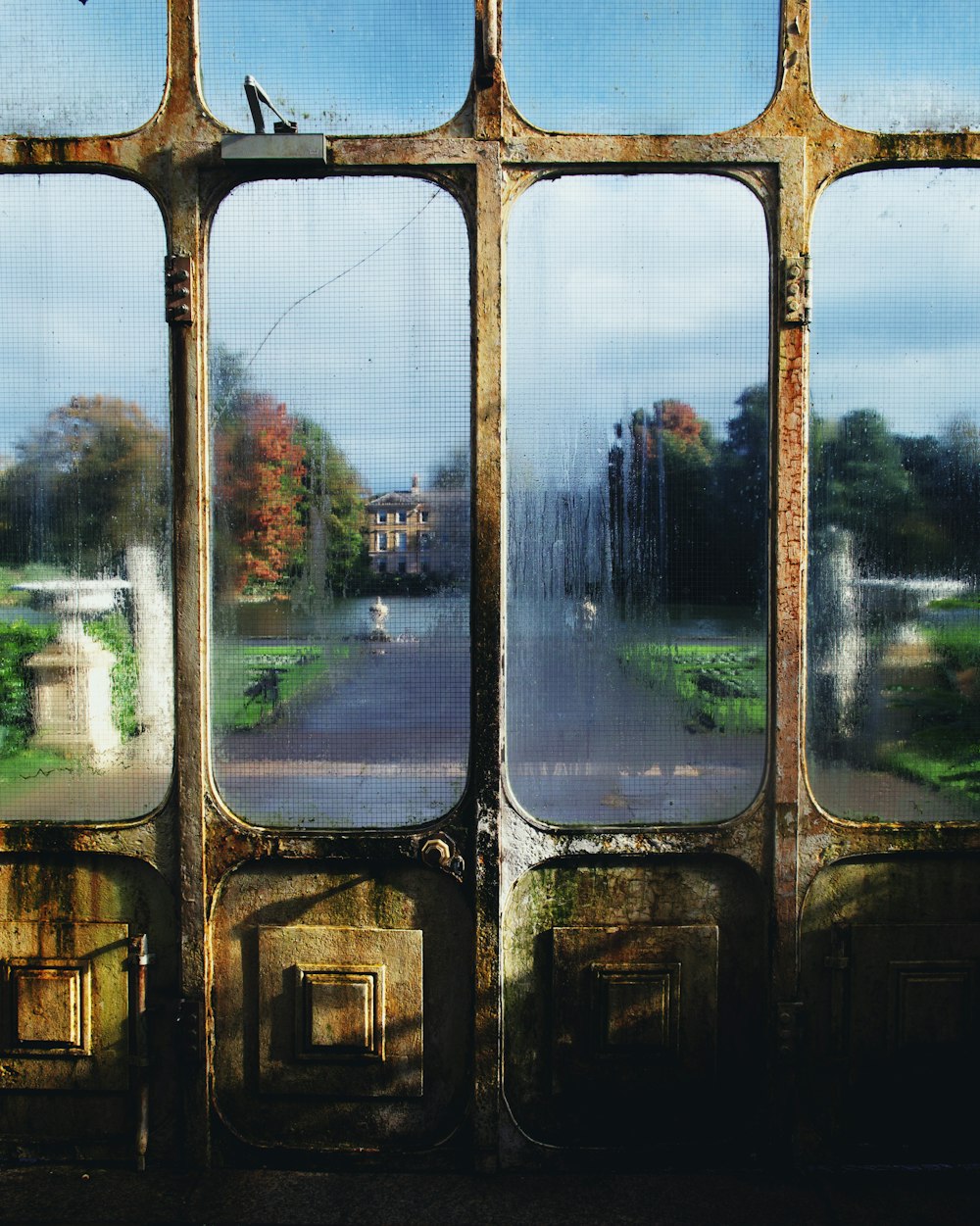 a view of a street through a window