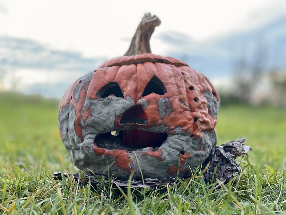 a carved pumpkin sitting in the middle of a field