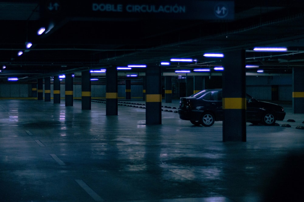 a car is parked in a parking garage