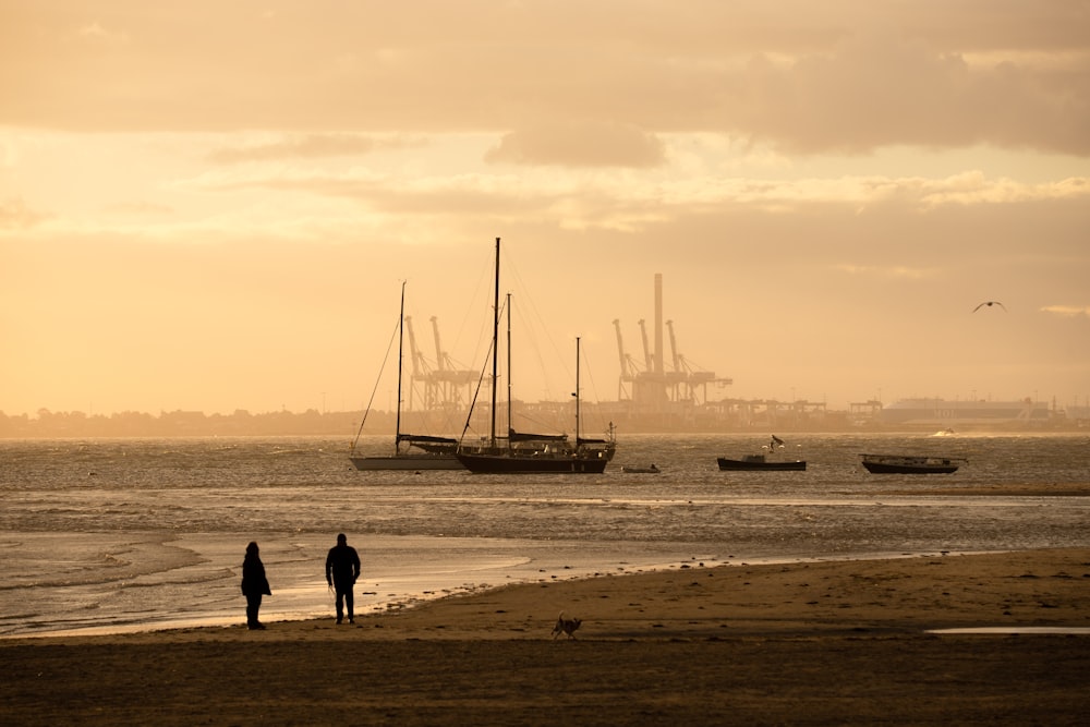 two people standing on a beach next to a body of water