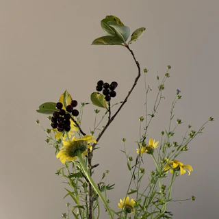 Elegant arrangement of wildflowers in muted tones with a hint of burgundy and green