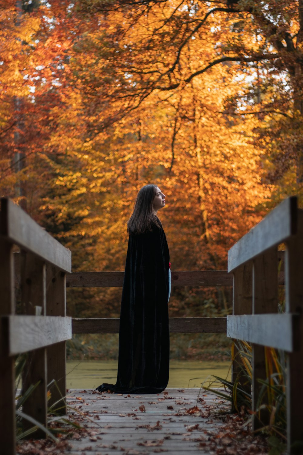 a woman in a black cloak standing on a bridge