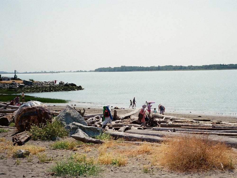 a group of people standing on a beach next to a body of water