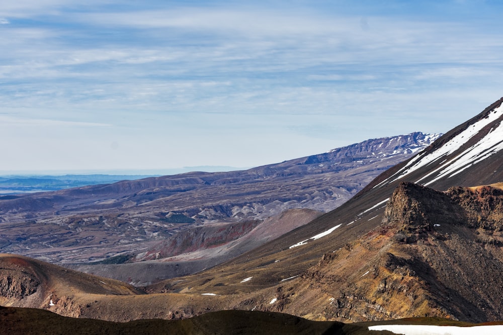 a view of a mountain range with snow on it