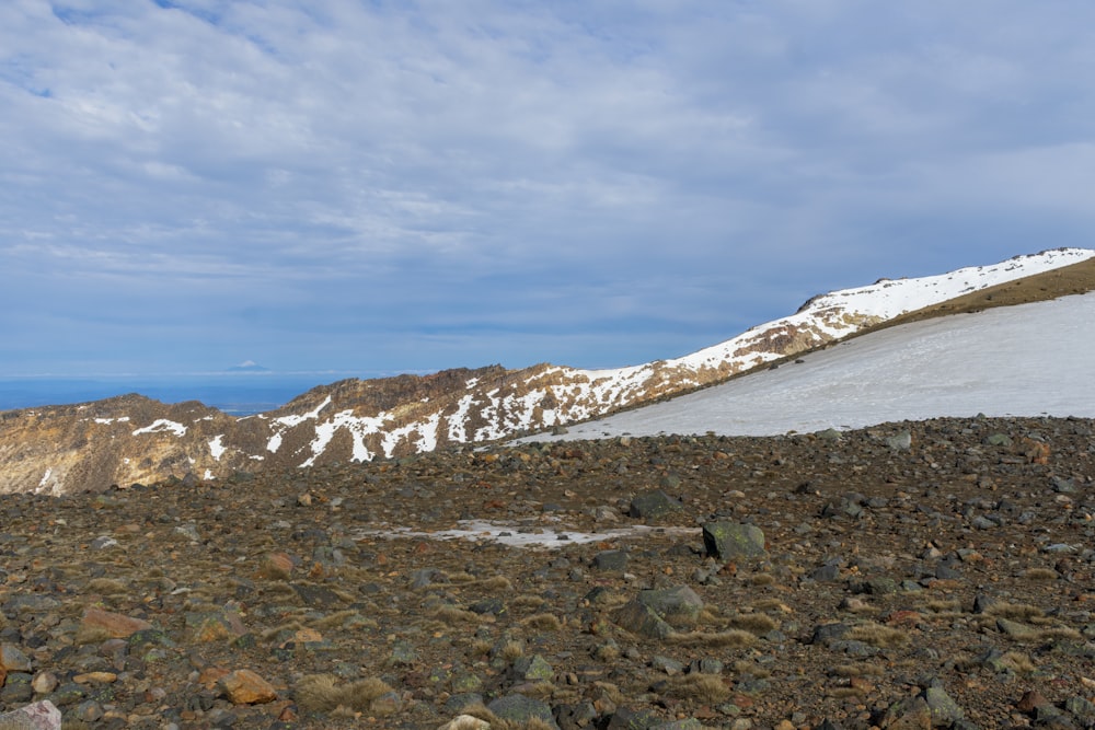 a rocky area with a mountain in the background