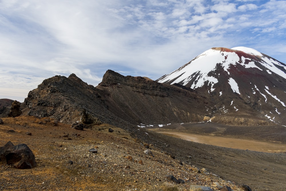 a mountain with a snow covered peak in the distance