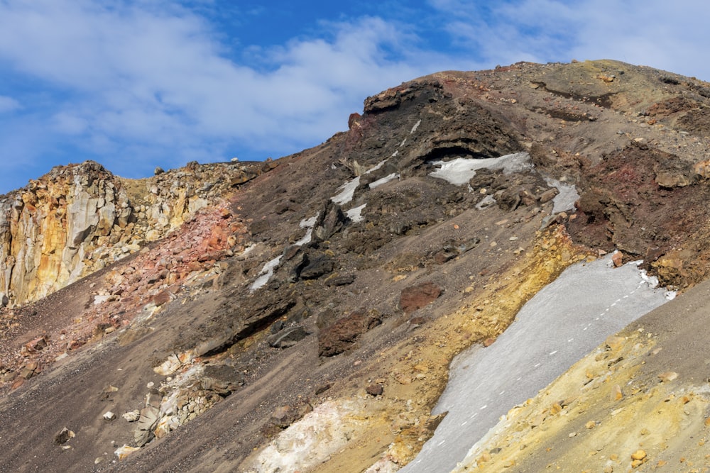 a mountain with a very steep face with a blue sky in the background