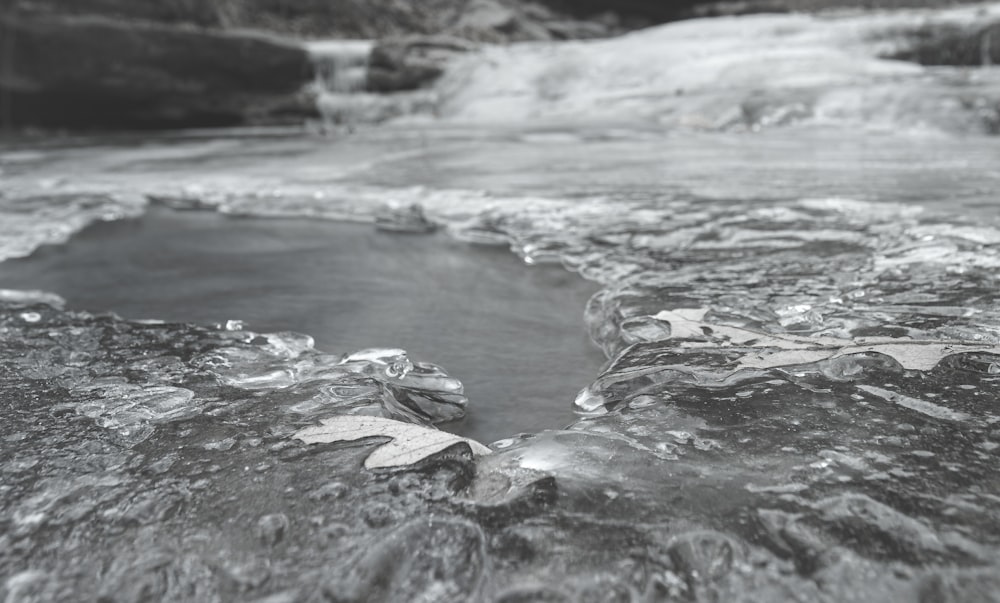 a black and white photo of ice and water