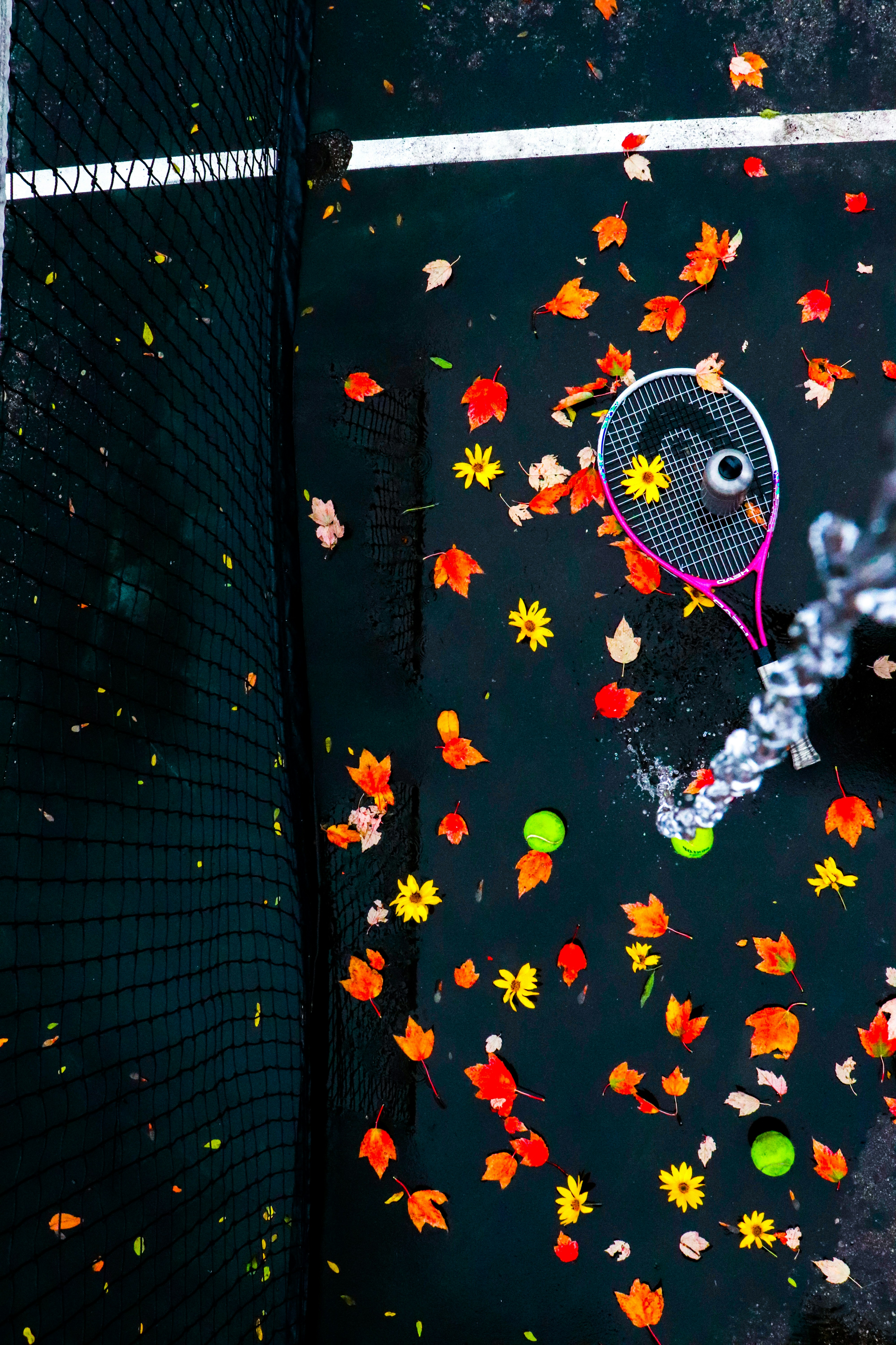 a tennis racquet and ball on a tennis court