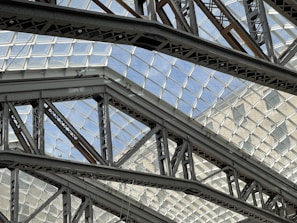 Intricate metal beams and trusses crisscross beneath a glass roof, creating geometric patterns. The transparent ceiling allows natural light to filter through, enhancing the modern architectural design. The steel framework exhibits industrial strength and complexity.