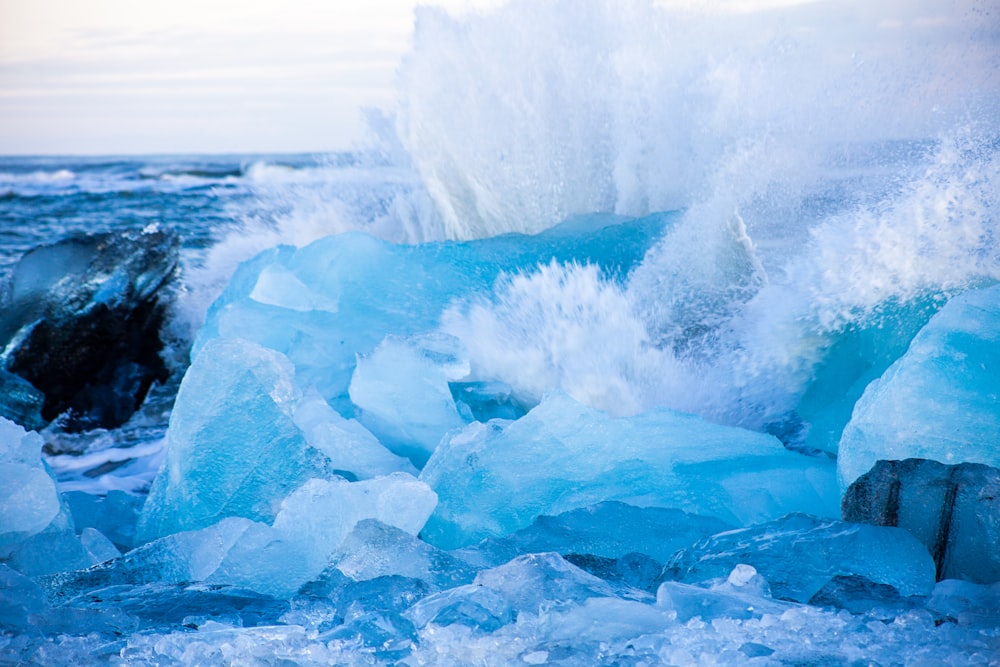 a bunch of ice chunks on the water