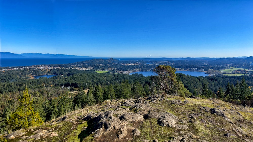 a view of a lake and mountains from a hill