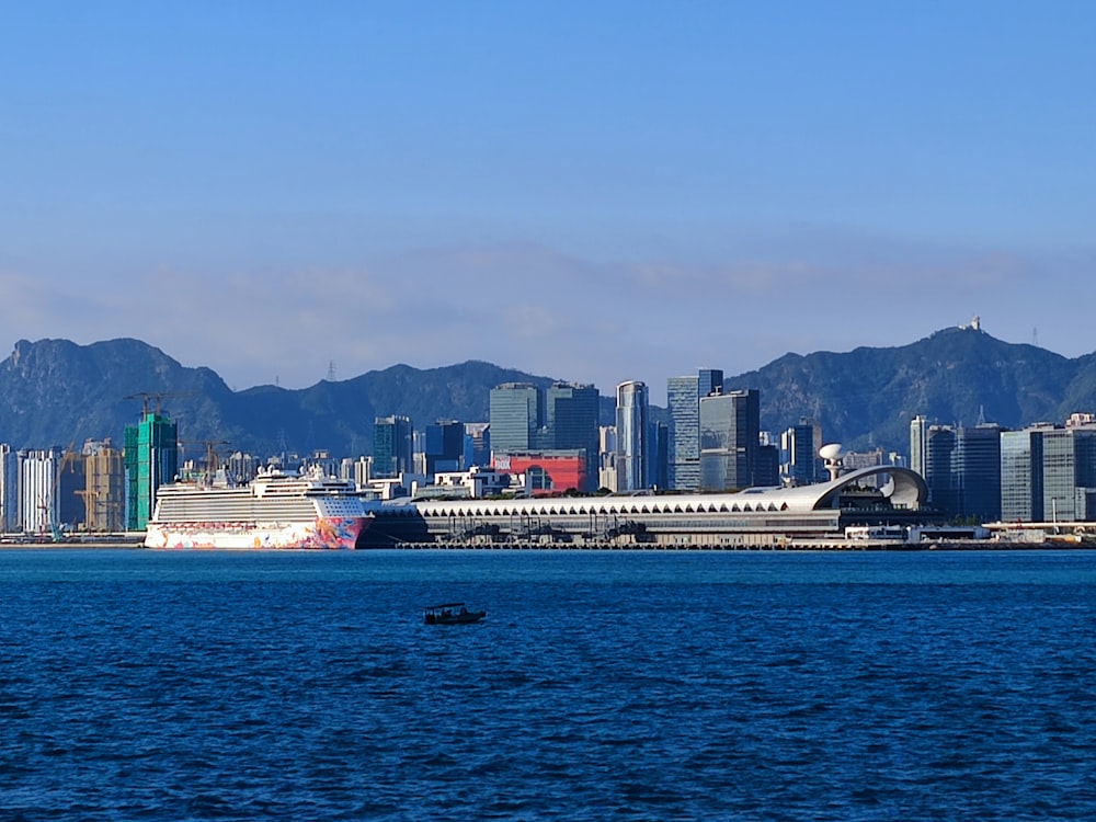 a large body of water with a city in the background