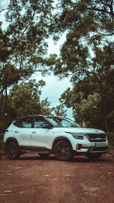 a white car parked on a dirt road