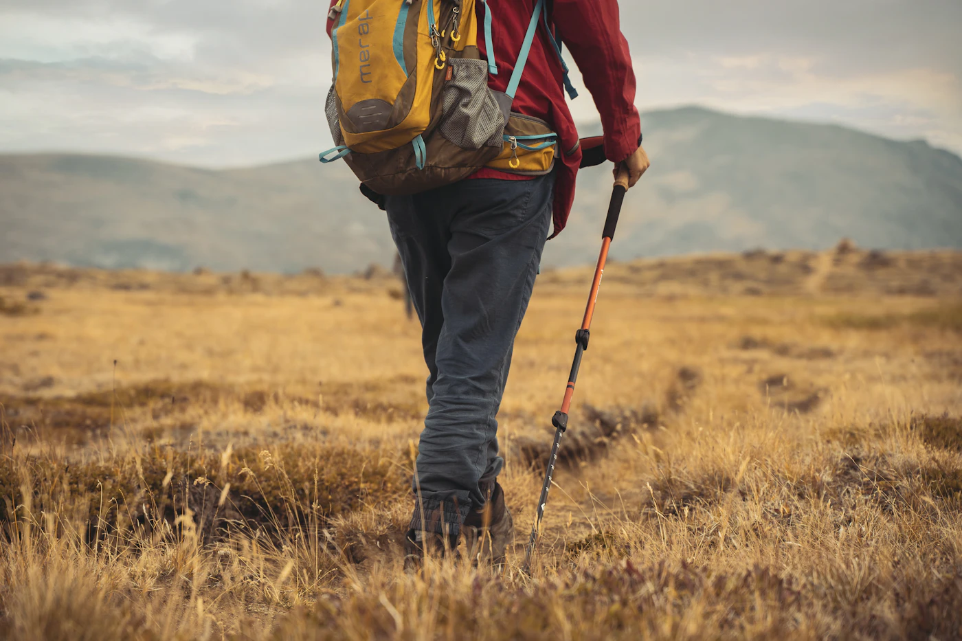 A hiker walking alone across open grassland with a single trekking pole