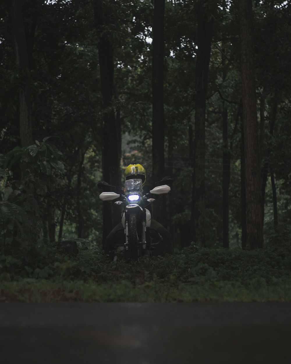 a motorcycle parked in the middle of a forest