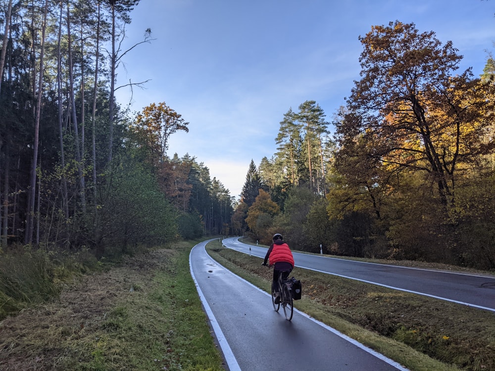 a man riding a bike down a road next to a forest