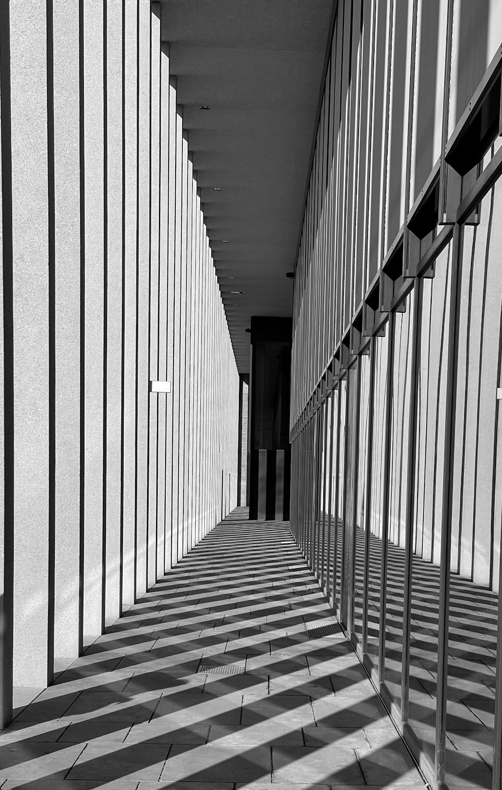 a black and white photo of a long hallway