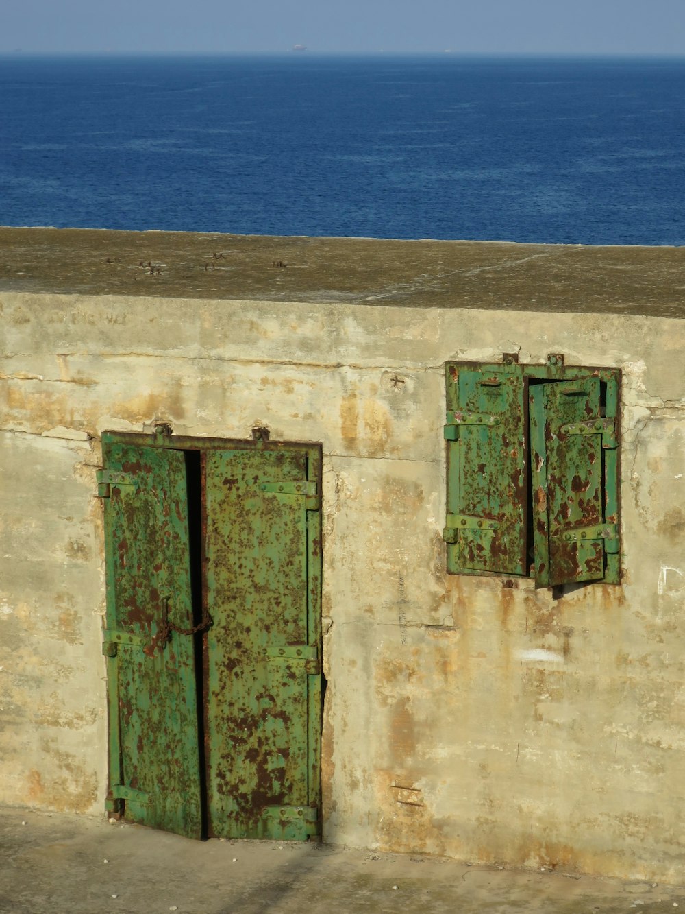 a wall with two green doors and a blue ocean in the background