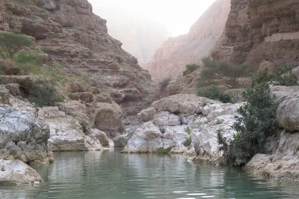 a body of water surrounded by rocky mountains