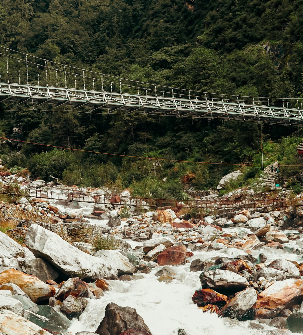 a bridge over a river with rocks and trees in the background