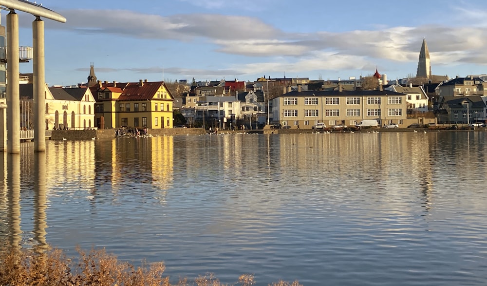 a body of water with buildings in the background