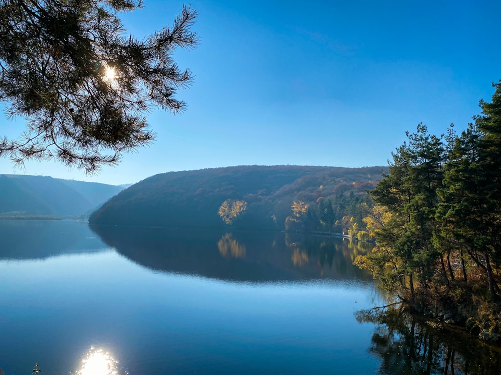 a lake surrounded by mountains and trees