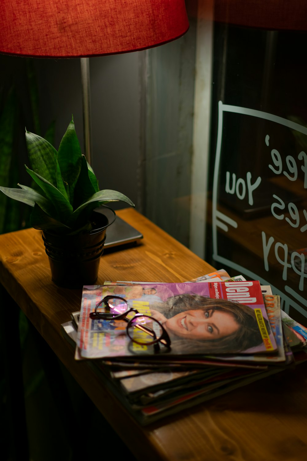 a wooden table topped with magazines and a potted plant