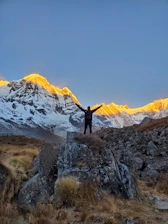 A climber standing triumphantly near Kilimanjaro’s snowy summit at sunrise.