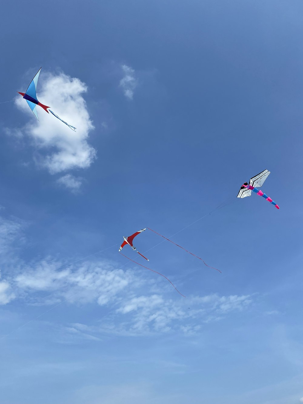 a group of people flying kites in a blue sky