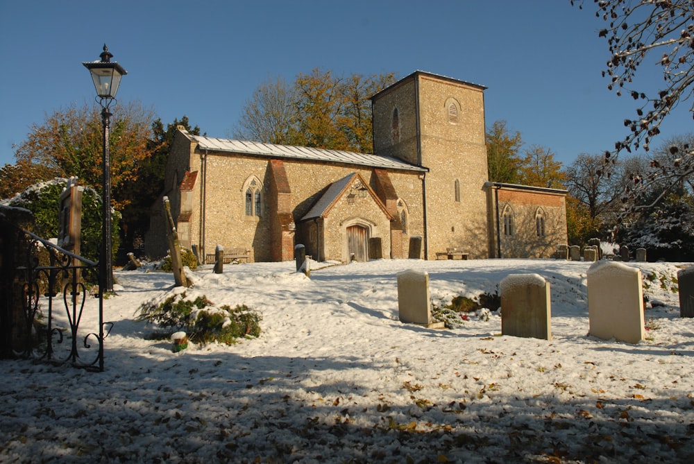 a church in the middle of winter with snow on the ground