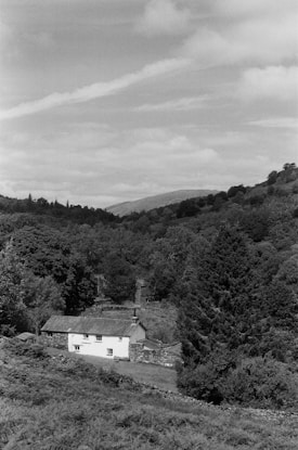 A solitary, rustic cottage nestled in a lush, woodland valley. Surrounded by dense trees and open countryside, the scene is peaceful and idyllic. Rolling hills and a partly cloudy sky complete the tranquil rural landscape.