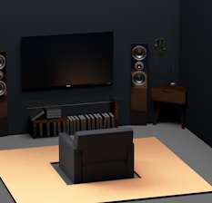 a living room with a flat screen tv and speakers