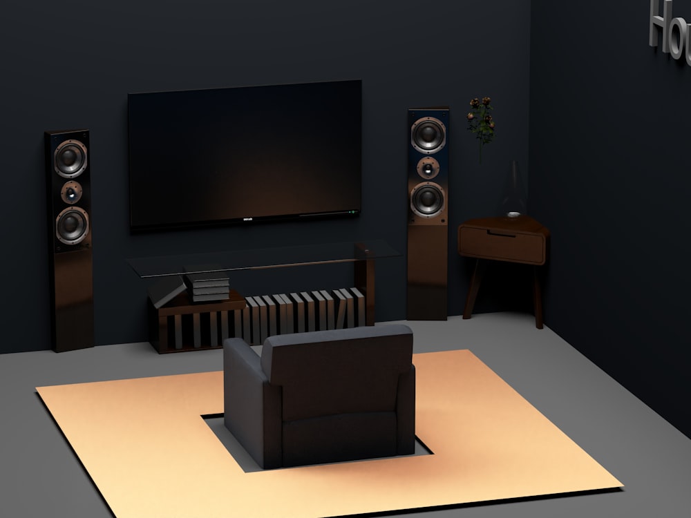 a living room with a flat screen tv and speakers