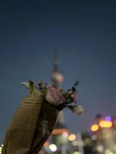 Close-up of a beautifully wrapped flower bouquet ready for delivery with downtown Chicago buildings blurred in the background.