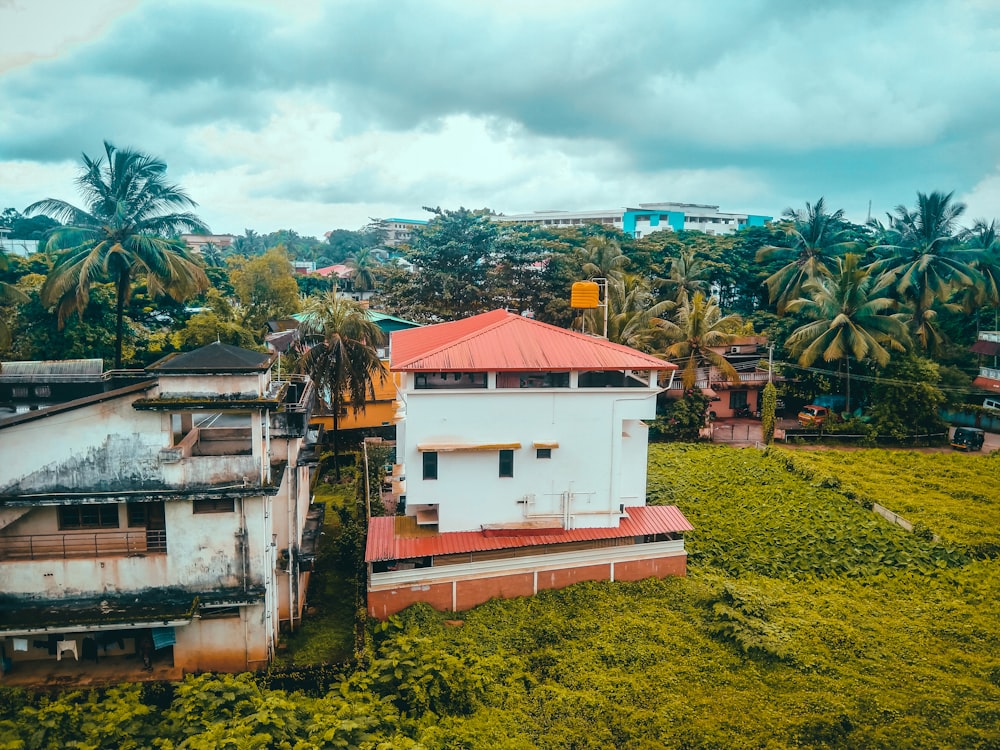 a white building with a red roof surrounded by palm trees