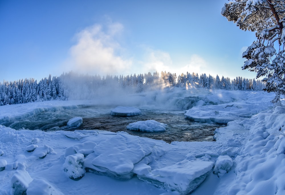 a river surrounded by snow covered ground and trees