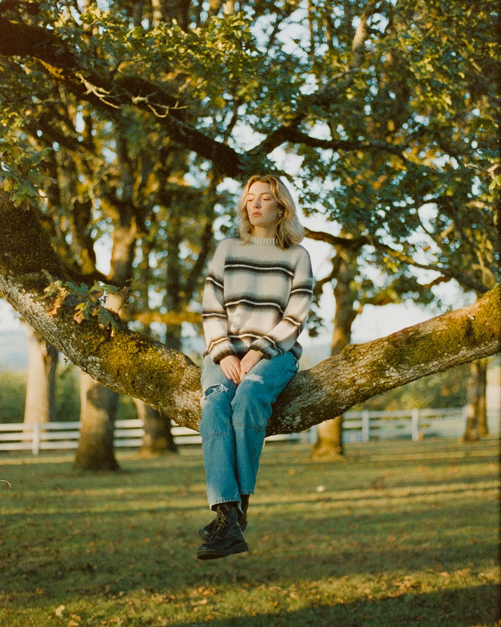 a woman sitting on a tree branch in a park