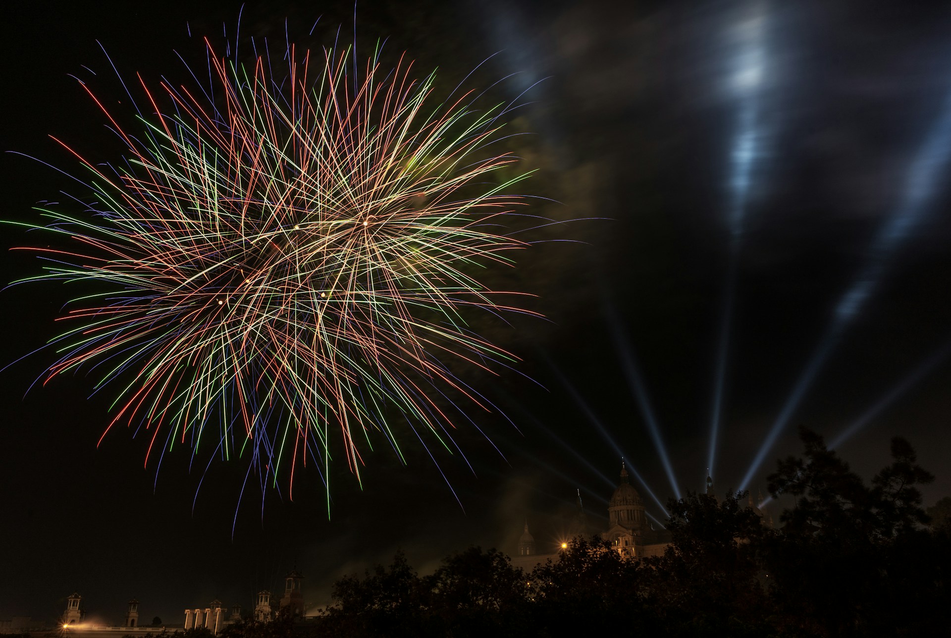 a large fireworks is lit up in the night sky