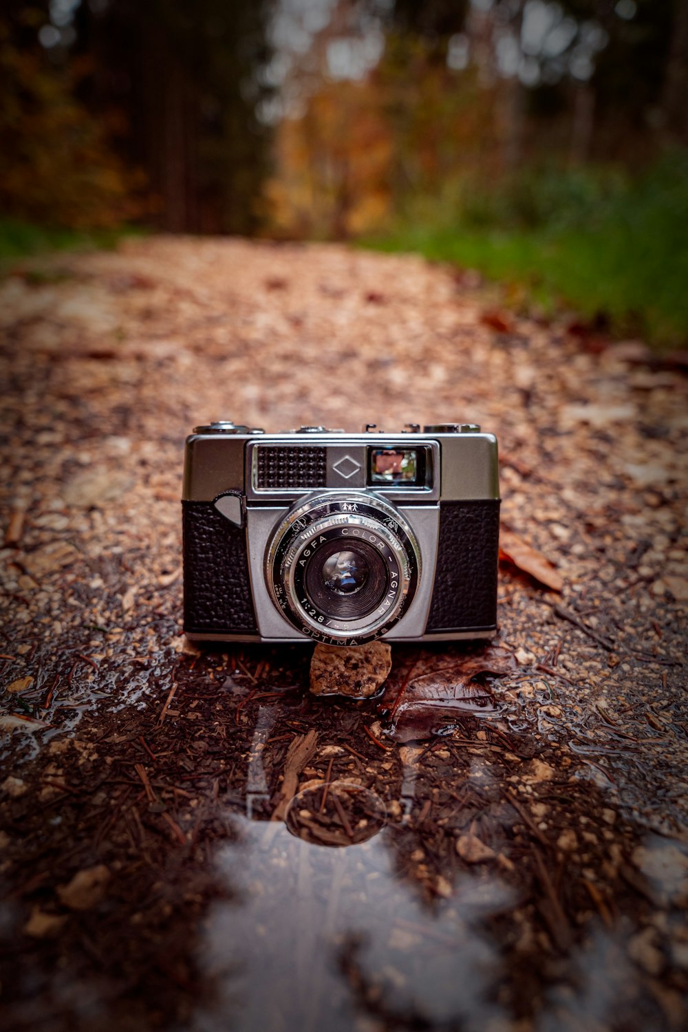 a camera sitting on the ground in the middle of a forest